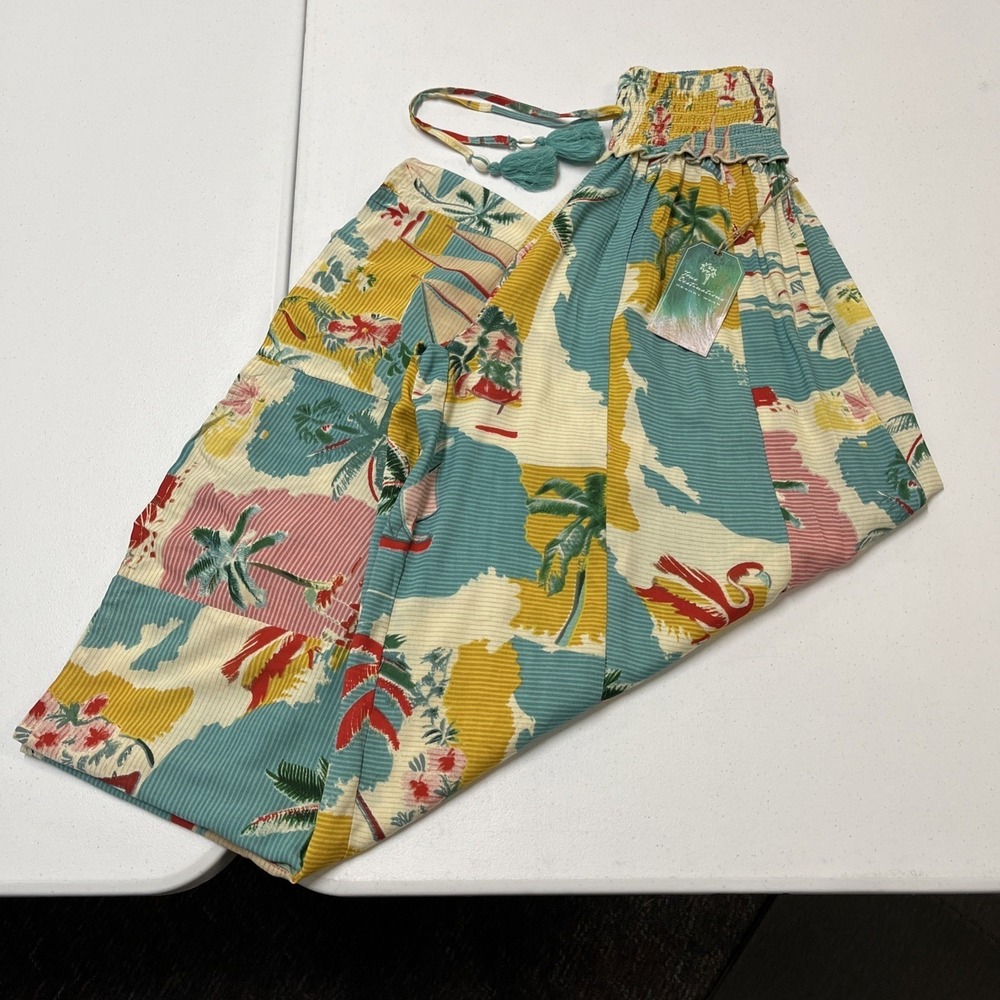 True Destination Pants Tropical Island Print Smocked Waist Wide Leg Size S Beach - Picture 15 of 16